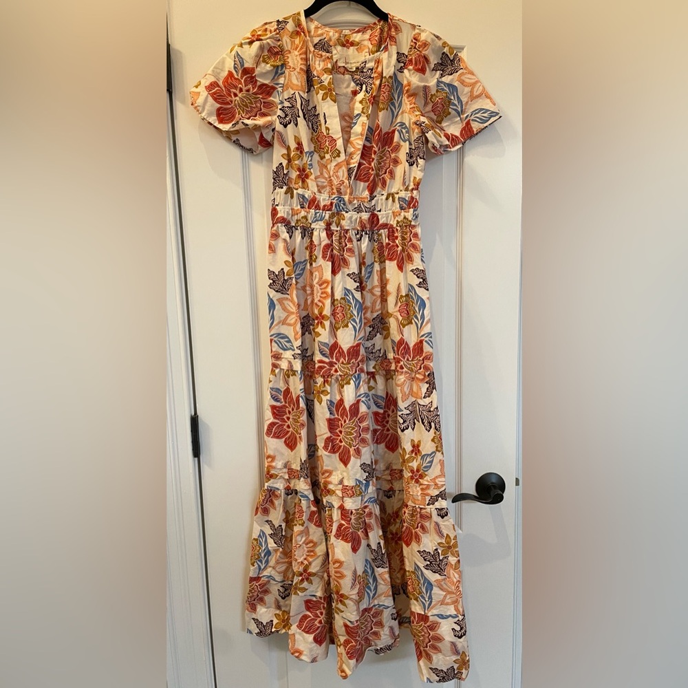 Anthropologie Somerset Maxi Dress with Red, Orange and Blue Floral Print XS